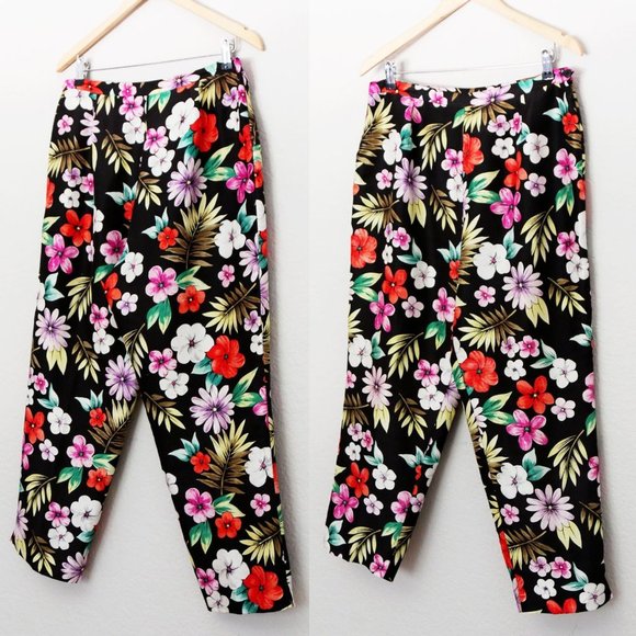 Silkland Women's 12 100% Pure Silk Tropical Vibrant Colorful Floral Pant Black - Picture 2 of 14